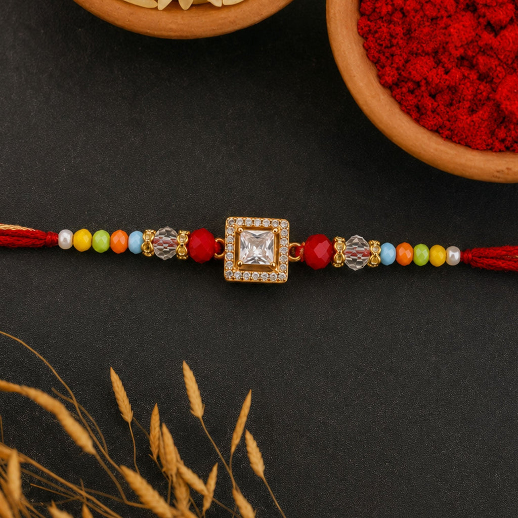 ALVENZA Multicolour Crystal Square Solitaire AD Stone Designer Rakhi for Brother