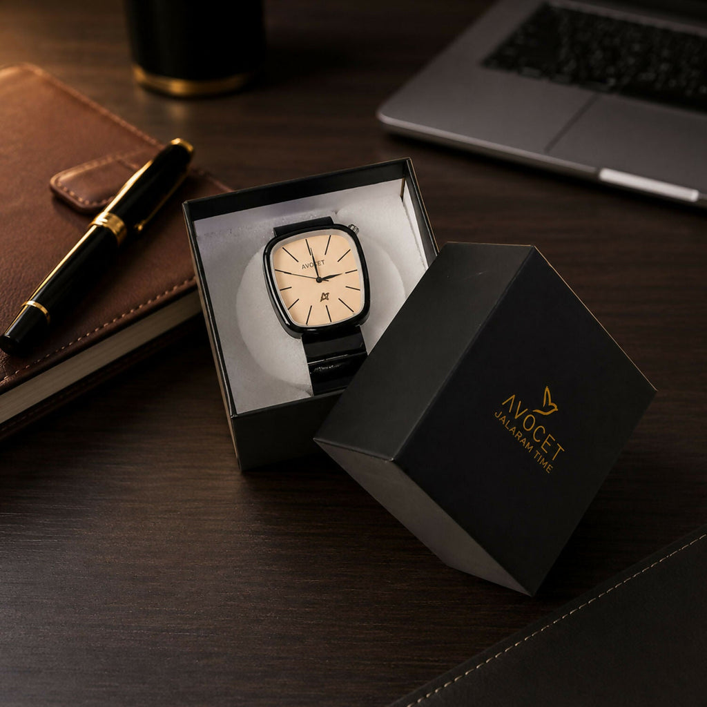 Black Square Analog Watch – Minimalist Champagne Dial for Men