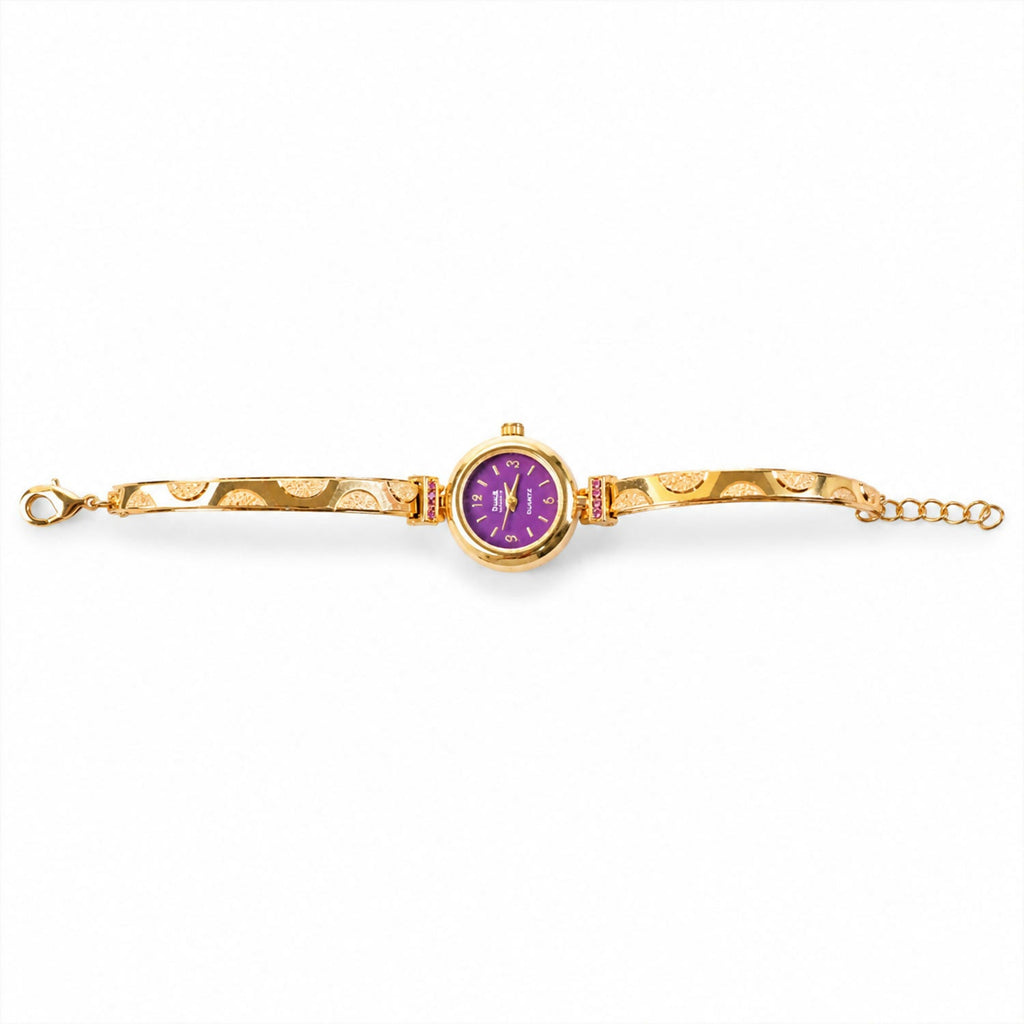 Gold Plated Purple Dial Bracelet Watch With Elegant Design For Women And Girls