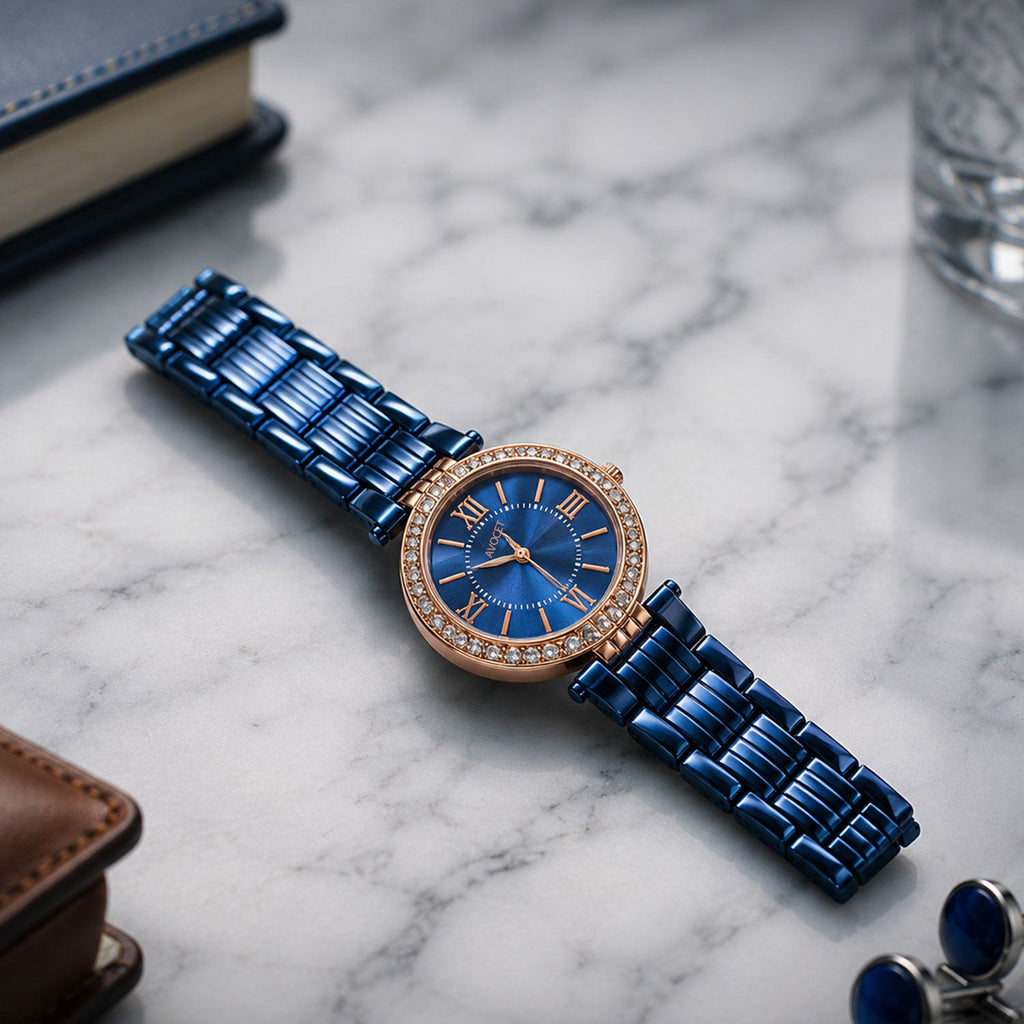 Women's Blue Analog Watch – Rose Gold Crystal Bezel Metal Strap