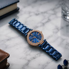 Women's Blue Analog Watch – Rose Gold Crystal Bezel Metal Strap