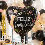 Black Heart Feliz Cumpleaos Foil Balloon Bright Party Decor - Front View
