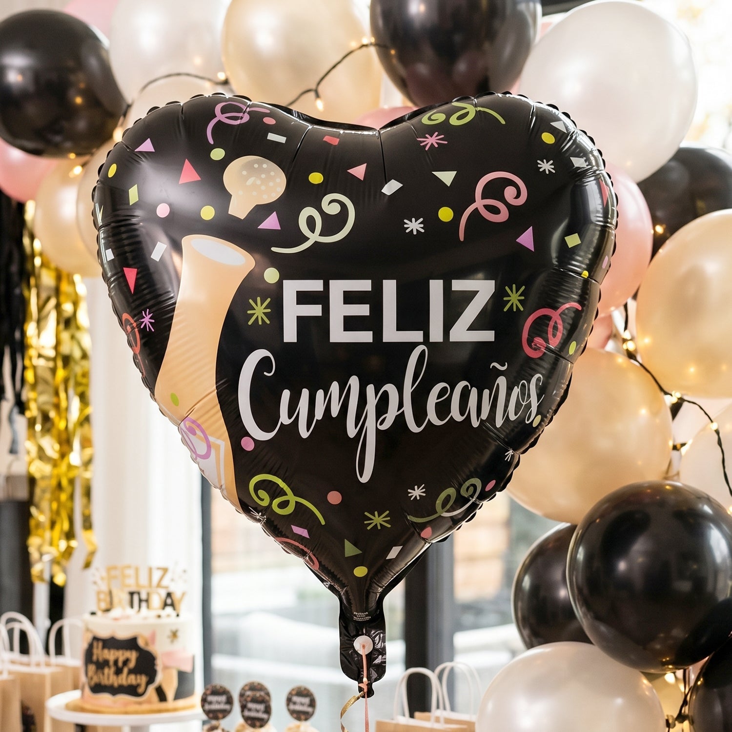 Black Heart Feliz Cumpleaos Foil Balloon Bright Party Decor - Front View
