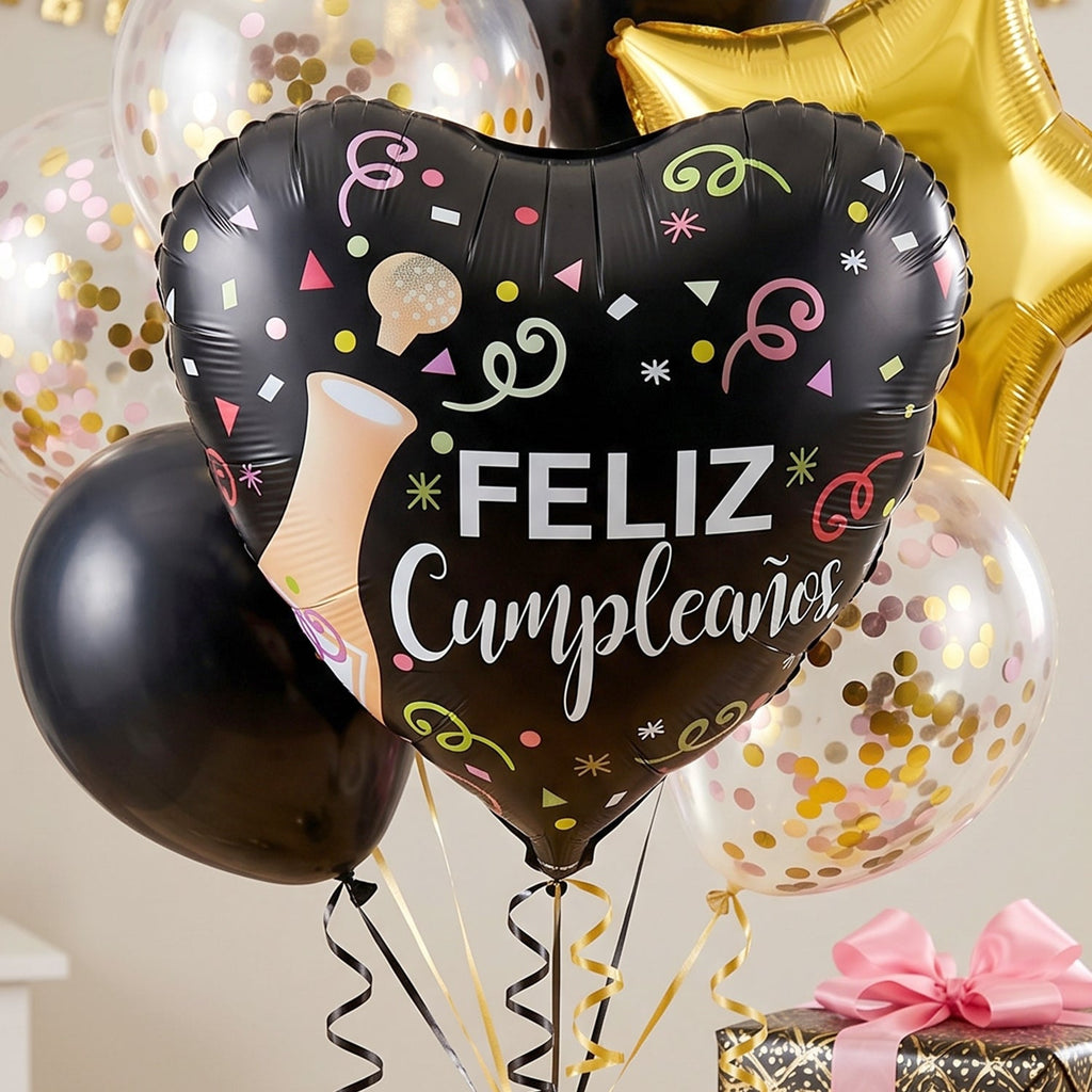 Black Heart Feliz Cumpleaos Foil Balloon Bright Party Decor - Back View