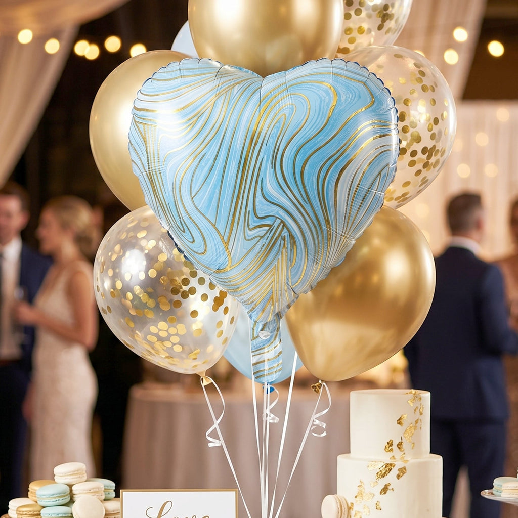 Blue Marble Heart Foil Balloon Bright & Festive Party Decor - Back View