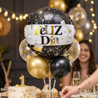 Black Gold 'Feliz Dia' Foil Balloon Bright Party Decor for Celebrations - Front View
