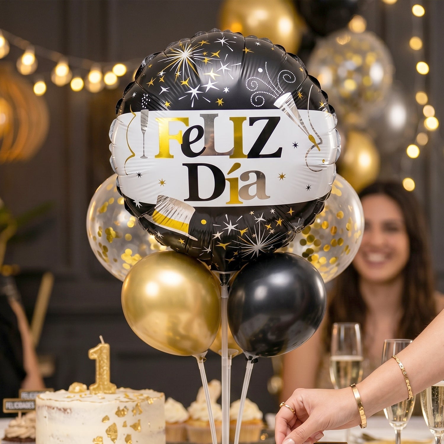 Black Gold 'Feliz Dia' Foil Balloon Bright Party Decor for Celebrations - Front View