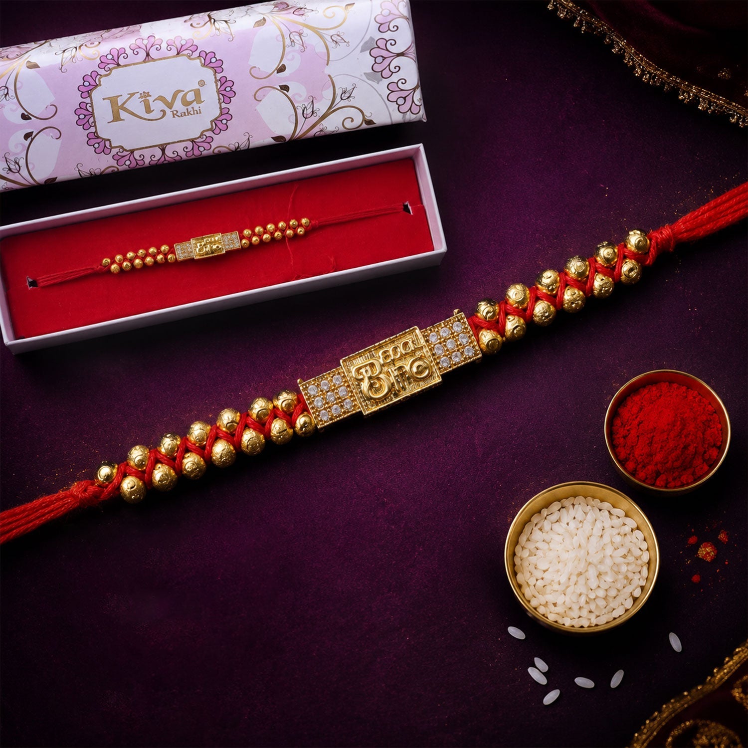 ALVENZA Stylish Brother Nameplate AD Stone Designer Rakhi with Gold Beads Gift
