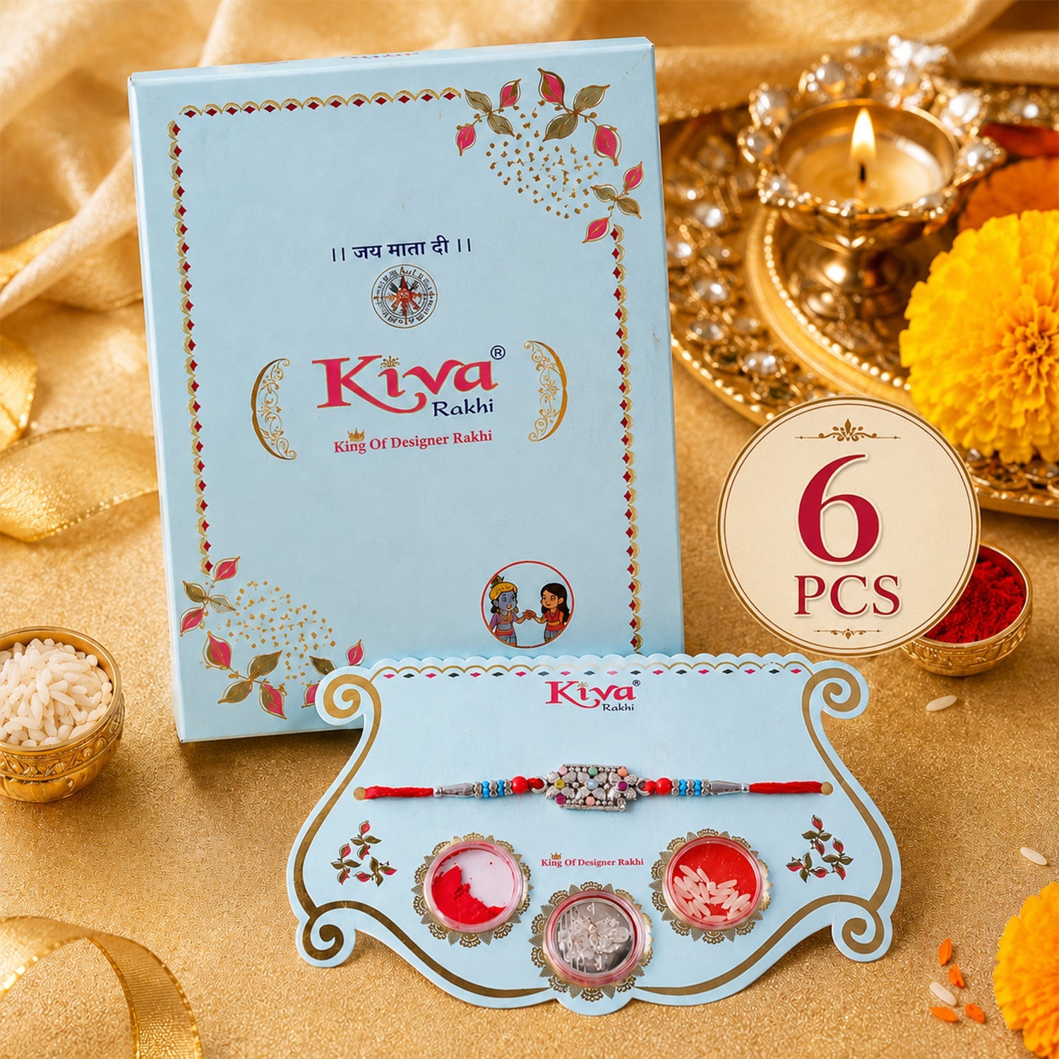 ALVENZA Rectangular Pearl Crystal Rakhi with Red Blue Beads, Roli Chawal Coin and Gift Packing