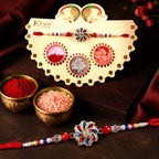 ALVENZA Multicolor Floral Chakra Rakhi with Pearl Beads, Roli Chawal Coin and Peacock Card Packing