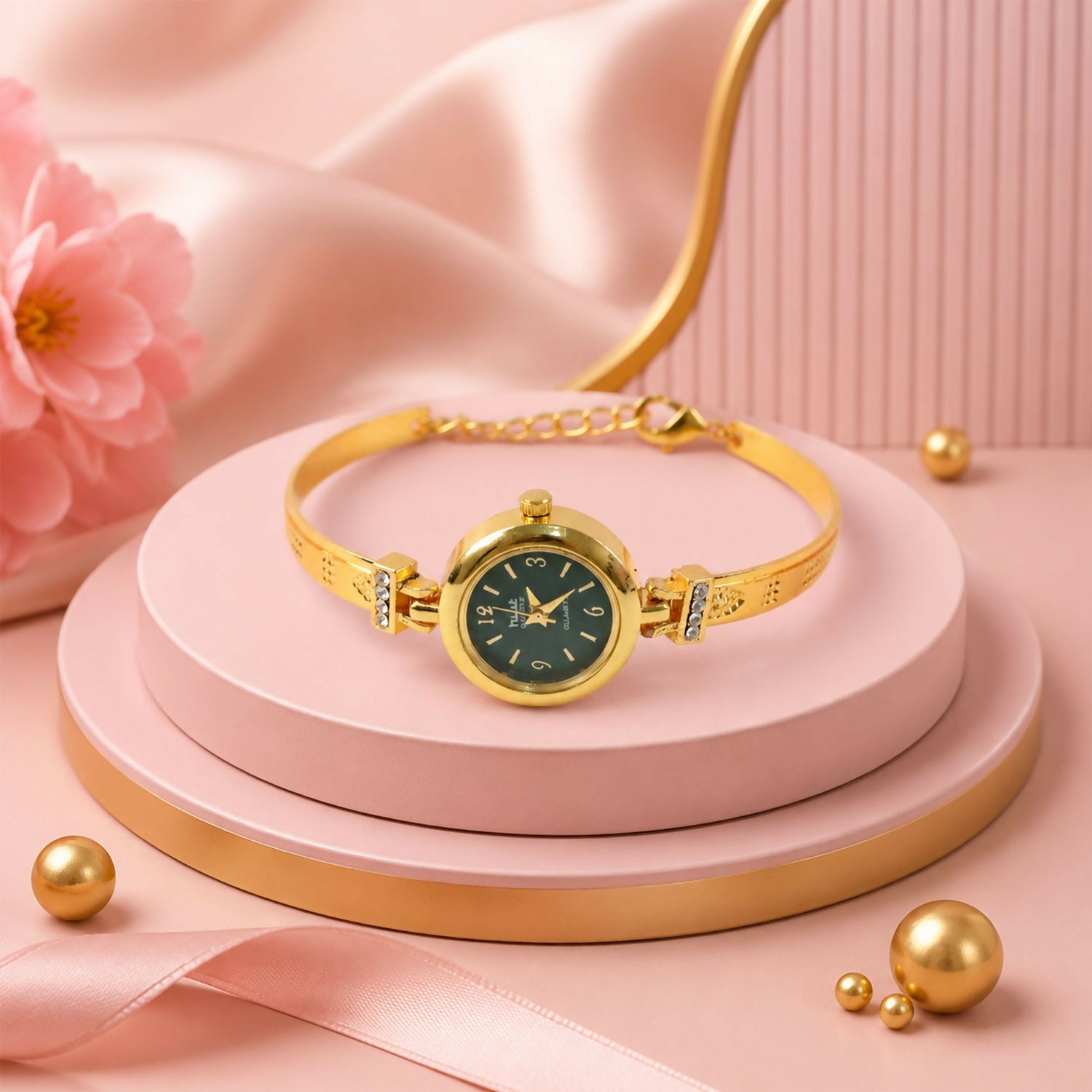 Gold Plated Bracelet Watch With Green Dial Crystal Accent Design For Women