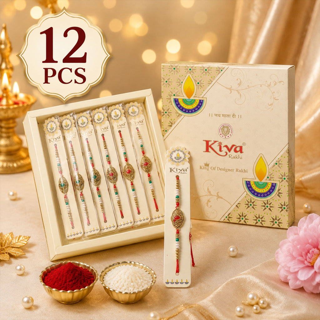 ALVENZA Antique Gold Oval Filigree Rakhi with Red Teardrop Stone, Pearl & Multicolor Beads