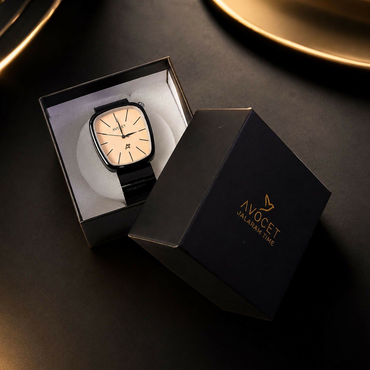 Black Square Analog Watch – Minimalist Champagne Dial for Men