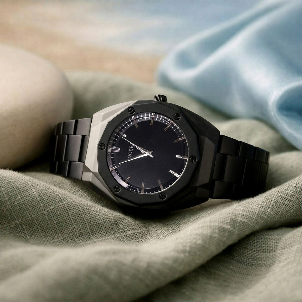 Luxury Matte Black Analog Watch – Elegant Geometric Dial & Metal Strap
