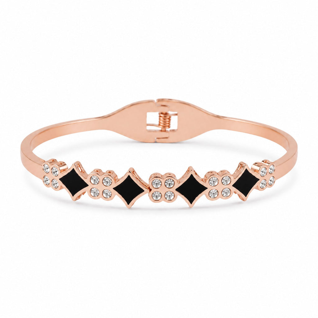 Rose Gold Watch with Square Shape Dial Bracelet Design and Black Stone Details