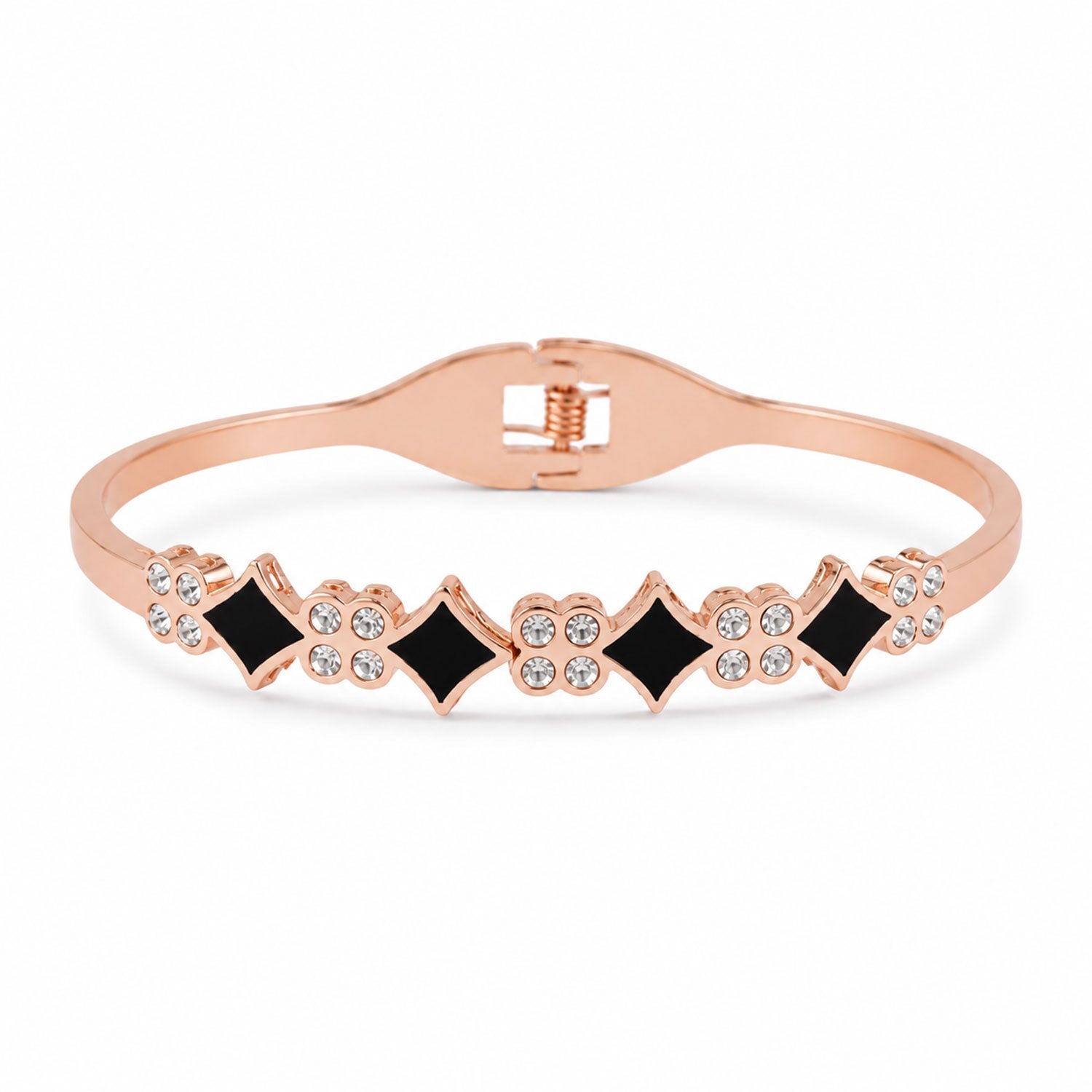 Rose Gold Watch with Square Shape Dial Bracelet Design and Black Stone Details