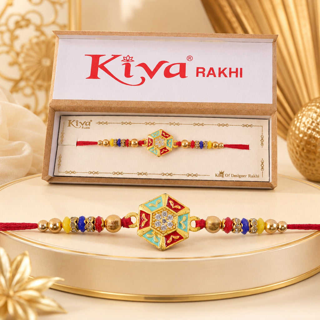 ALVENZA Golden Snowflake Crystal Designer Rakhi for Brother, Lavender Beads Gift