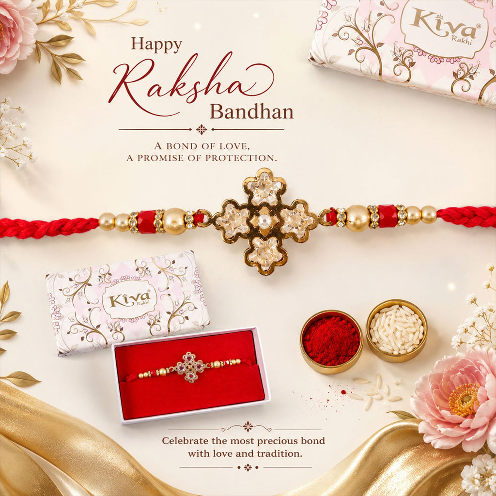 ALVENZA Pearl White Clover Designer Beaded Rakhi for Brother with Gold Accents