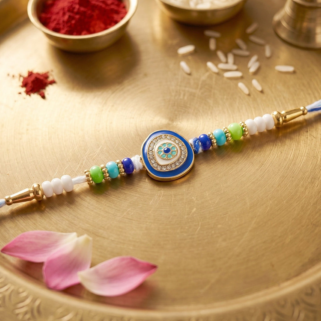 ALVENZA Evil Eye Kundan Diamond Rakhi – Traditional & Elegant Gift for Brothers