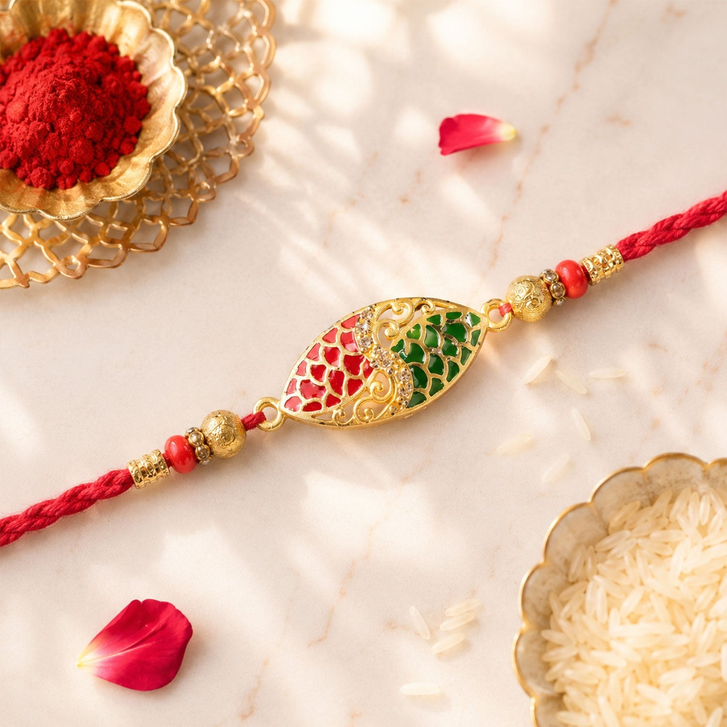 ALVENZA Red & Green Marquise Meenakari Designer Rakhi for Brother Gift Set Combo