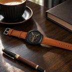 Black Round Dial Watch – Elegant Design with Tan Leather Strap