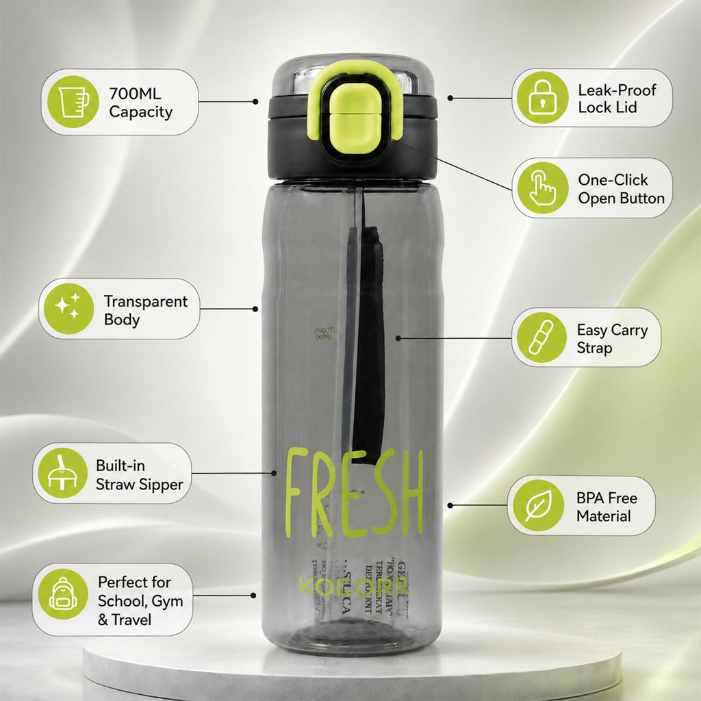 ALVENZA KOLORR Leakproof Sports Water Bottle with Straw & Carry Loop Black (700ML)