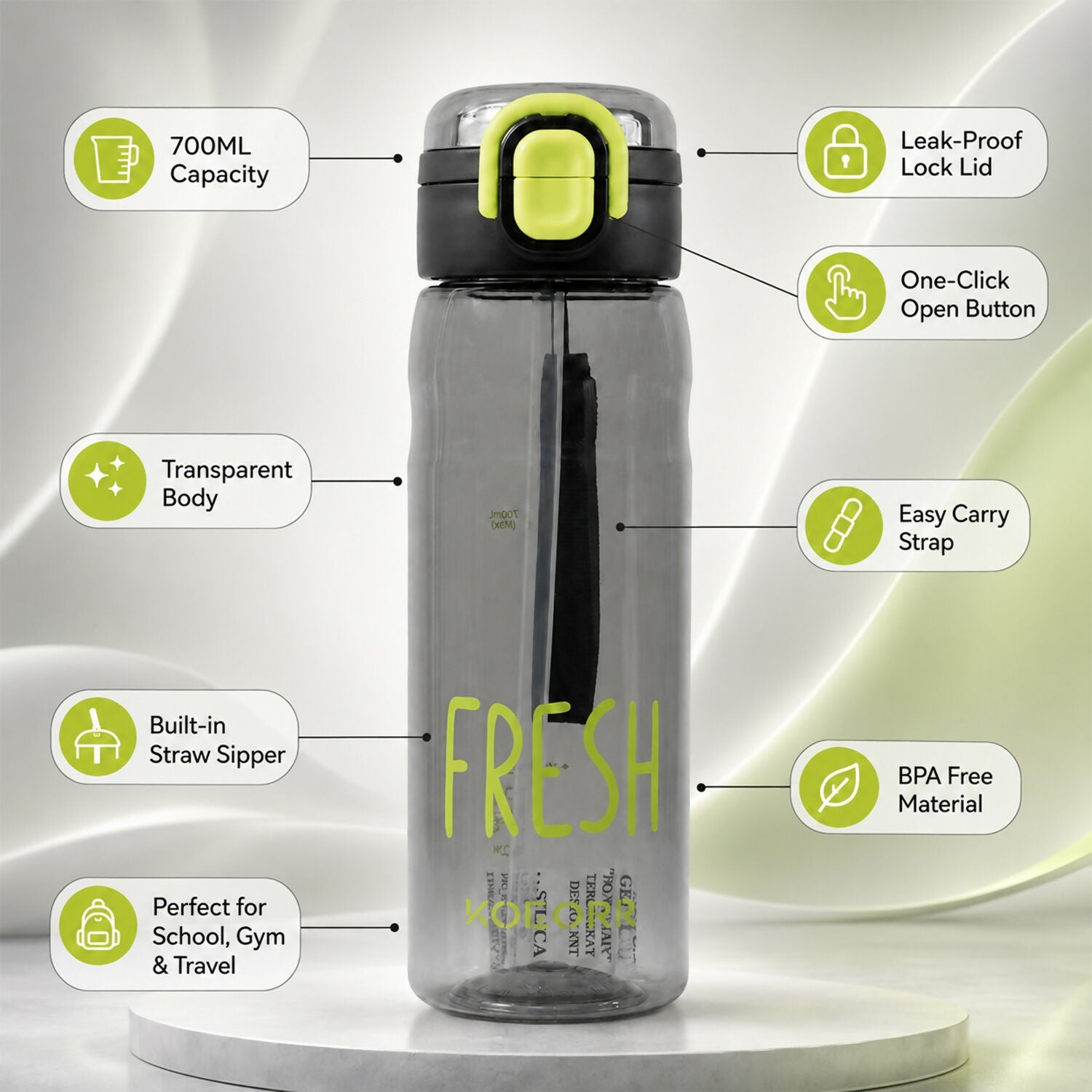 ALVENZA KOLORR Leakproof Sports Water Bottle with Straw & Carry Loop Black (700ML)