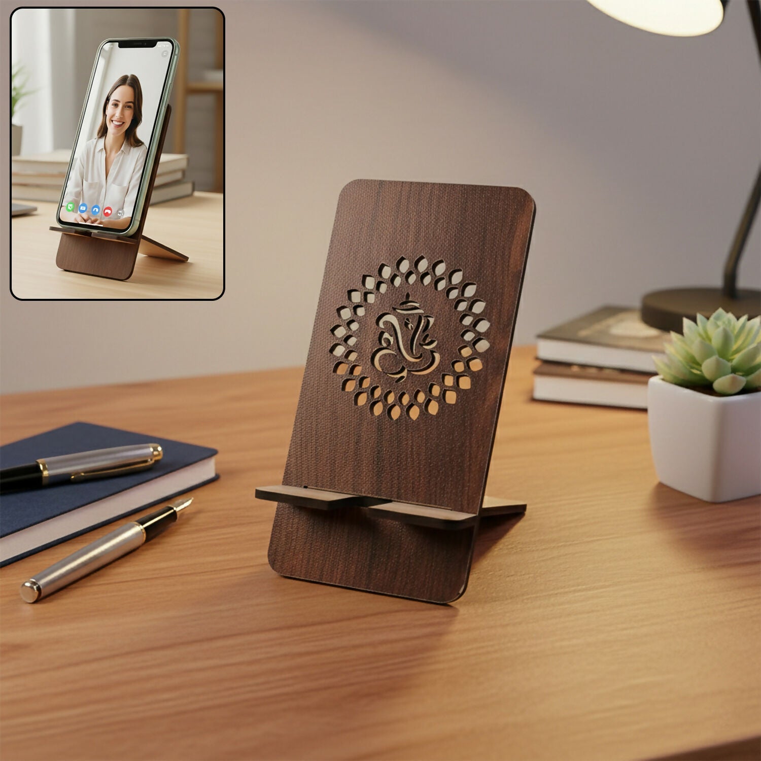 ALVENZA Wooden Mobile Stand – Reversible Foldable Ganesha Phone Holder