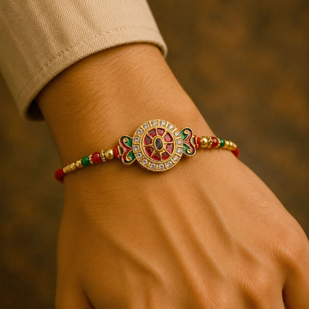 ALVENZA Ganesha Rakhi for Brother - Kundan Golden Finish with Beaded Thread
