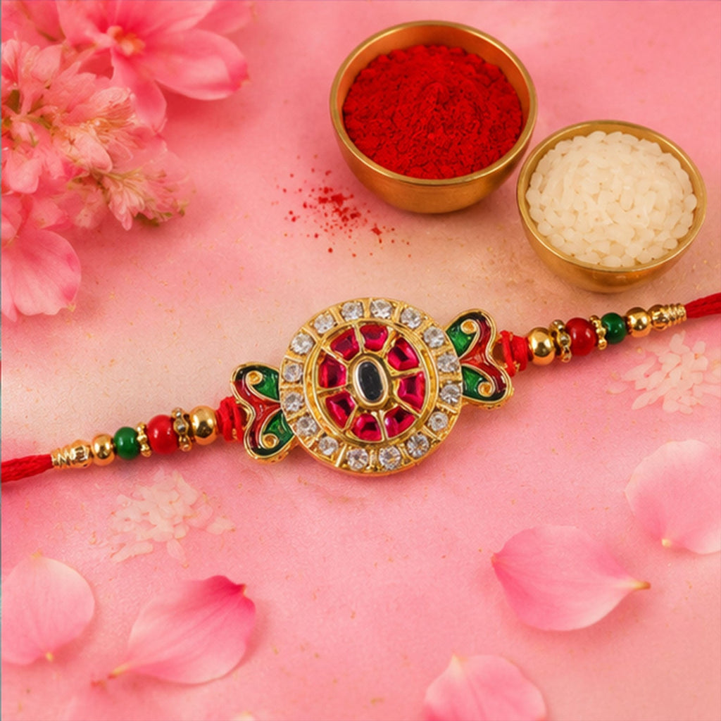ALVENZA Ganesha Rakhi for Brother - Kundan Golden Finish with Beaded Thread