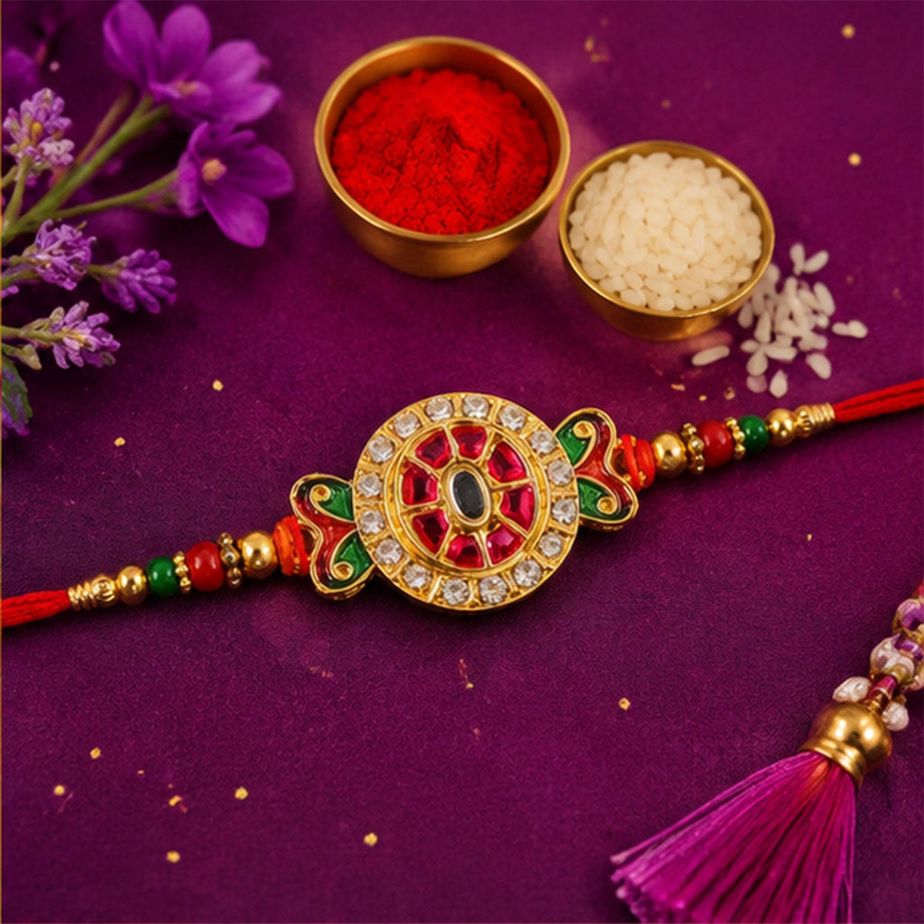 ALVENZA Ganesha Rakhi for Brother - Kundan Golden Finish with Beaded Thread