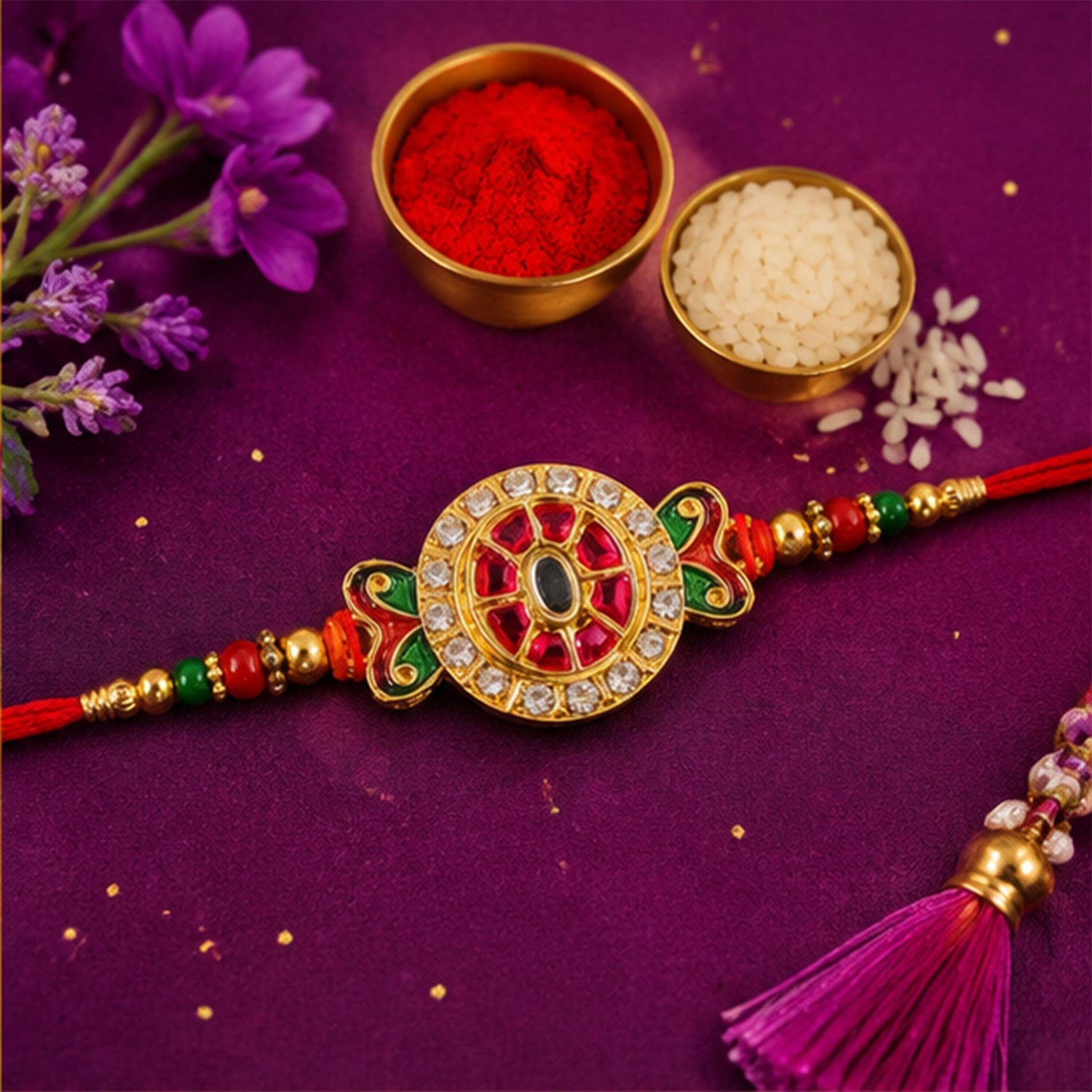 ALVENZA Ganesha Rakhi for Brother - Kundan Golden Finish with Beaded Thread