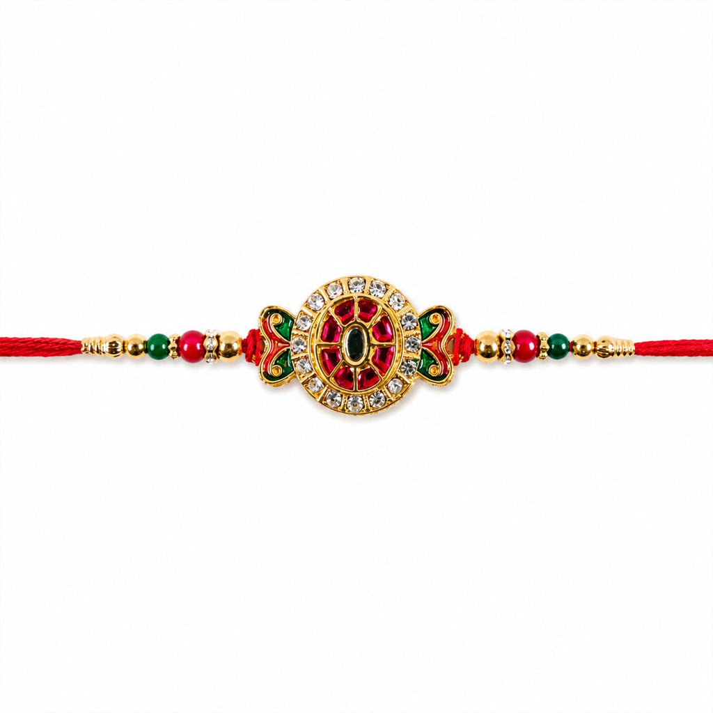 ALVENZA Ganesha Rakhi for Brother - Kundan Golden Finish with Beaded Thread