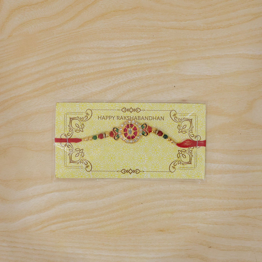 ALVENZA Ganesha Rakhi for Brother - Kundan Golden Finish with Beaded Thread