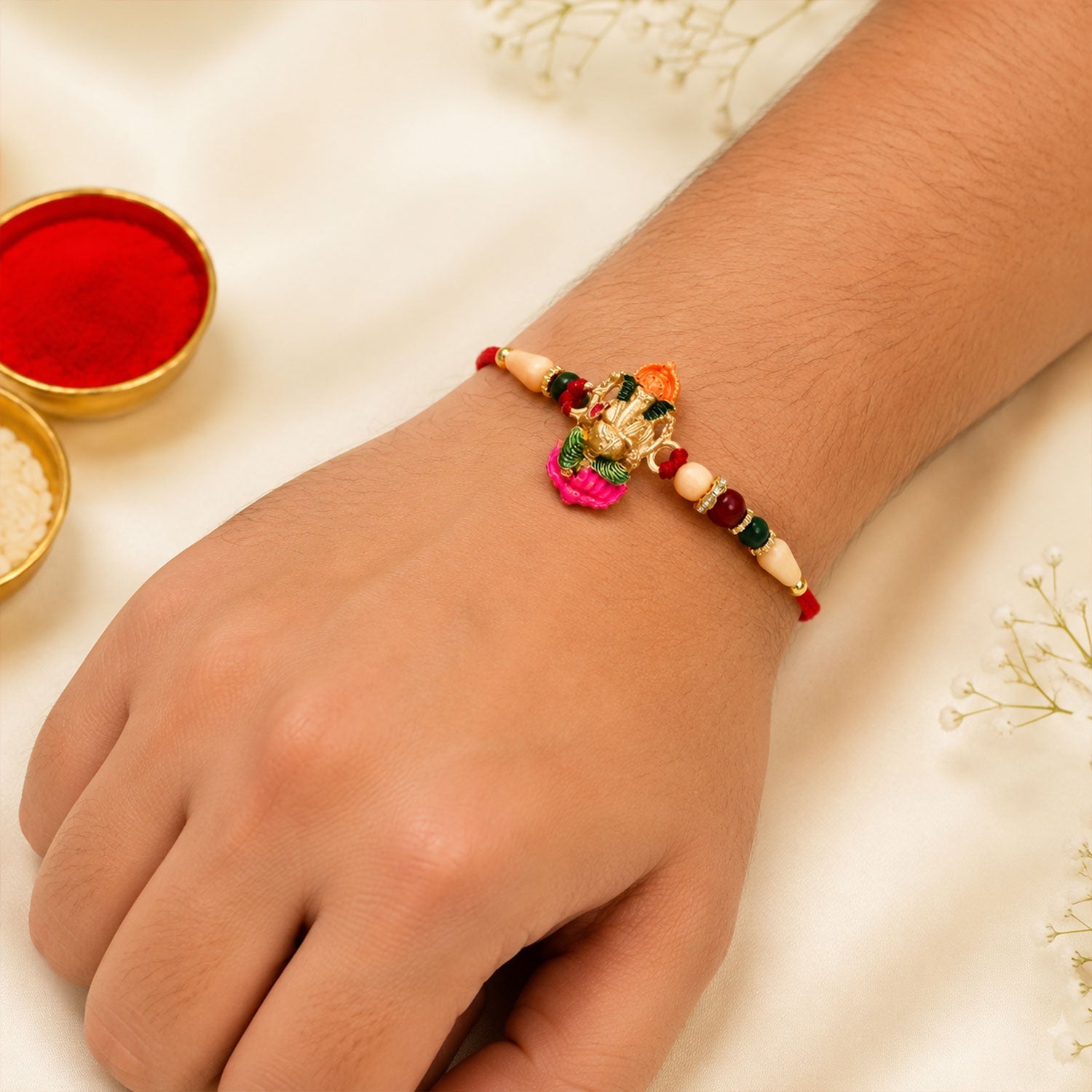 ALVENZA Ganesha Rakhi – Traditional Wooden Beads with Colorful Accents