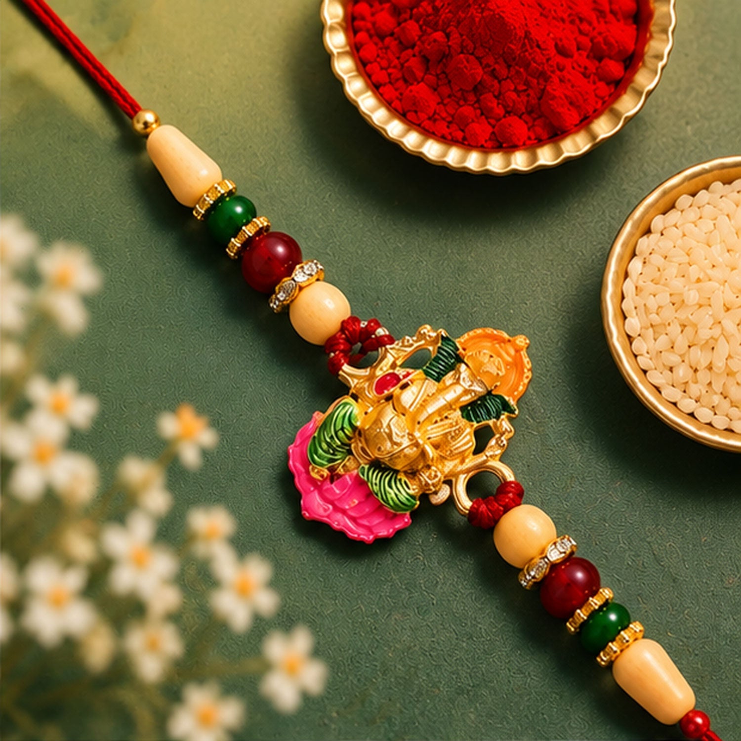 ALVENZA Ganesha Rakhi – Traditional Wooden Beads with Colorful Accents