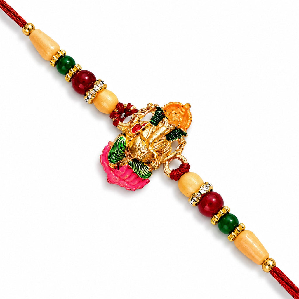 ALVENZA Ganesha Rakhi – Traditional Wooden Beads with Colorful Accents