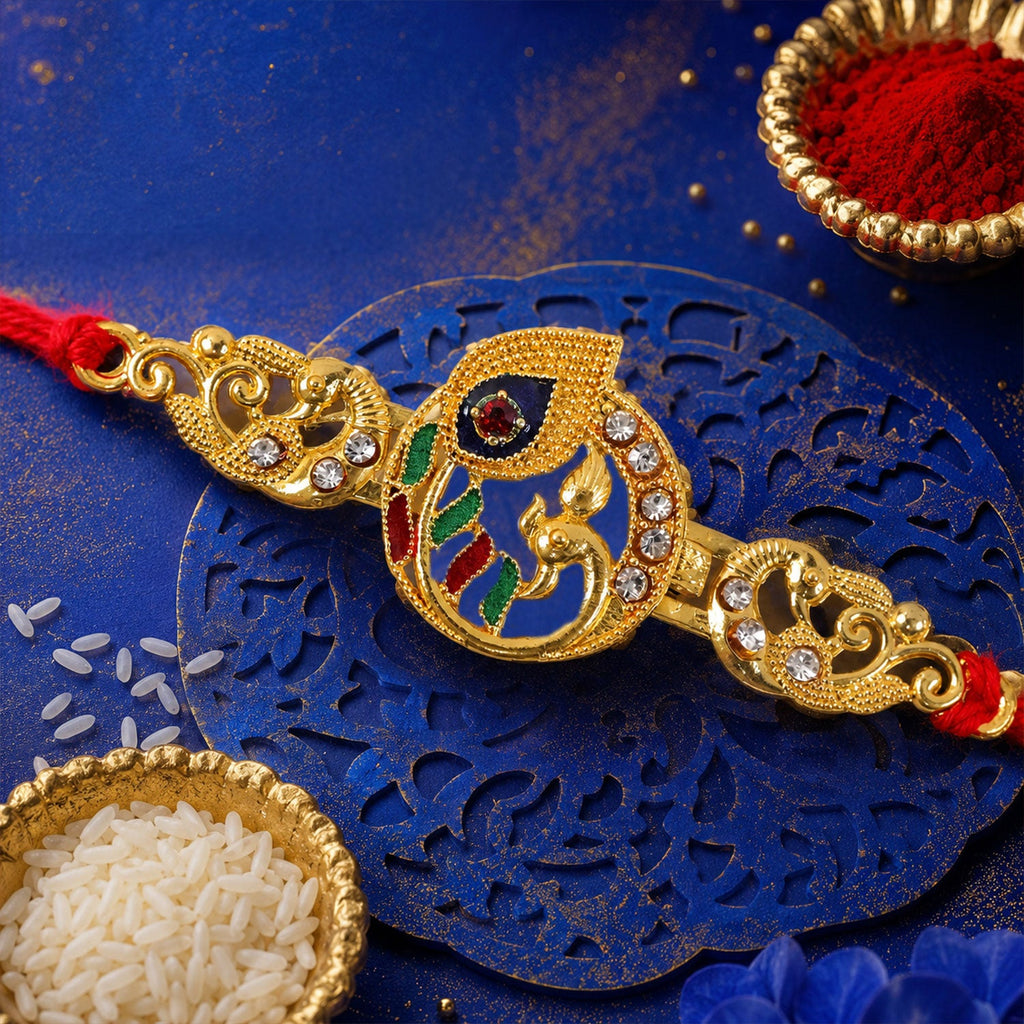 ALVENZA Shop Krishna Flute Rakhi Golden Enamel for Brother