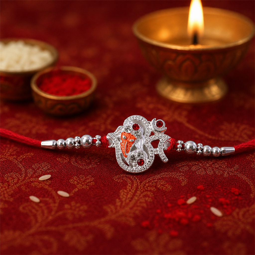 ALVENZA Silver Ganesh Rakhi Thread Bracelet – Protection & Blessings for Brother