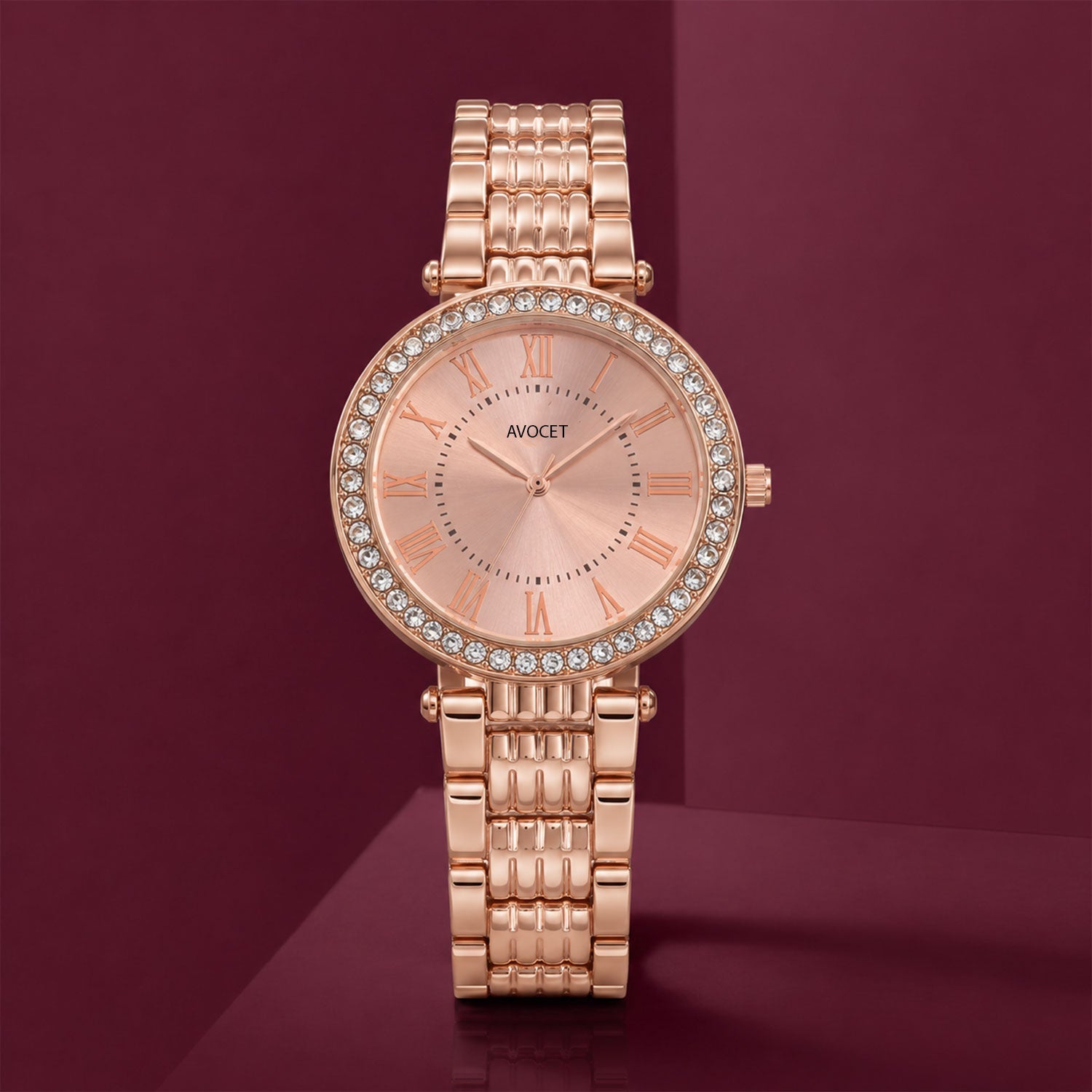 Women's Rose Gold Analog Wrist Watch with Crystal Bezel