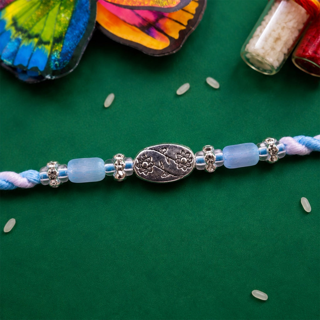 ALVENZA Blue Silver Stone Rakhi with Elegant Bracelet Style and Premium Festive Shine