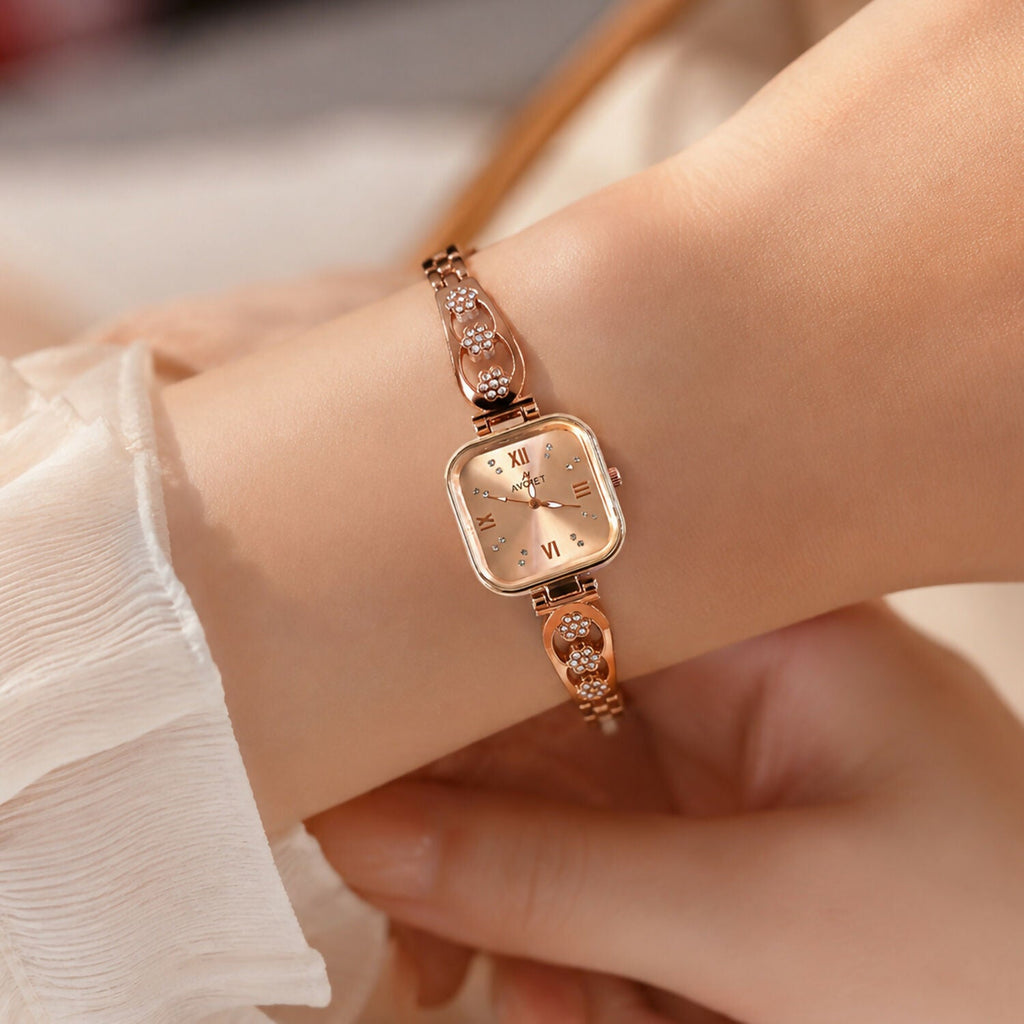 Women's Rose Gold Watch – Square Dial Floral Bracelet