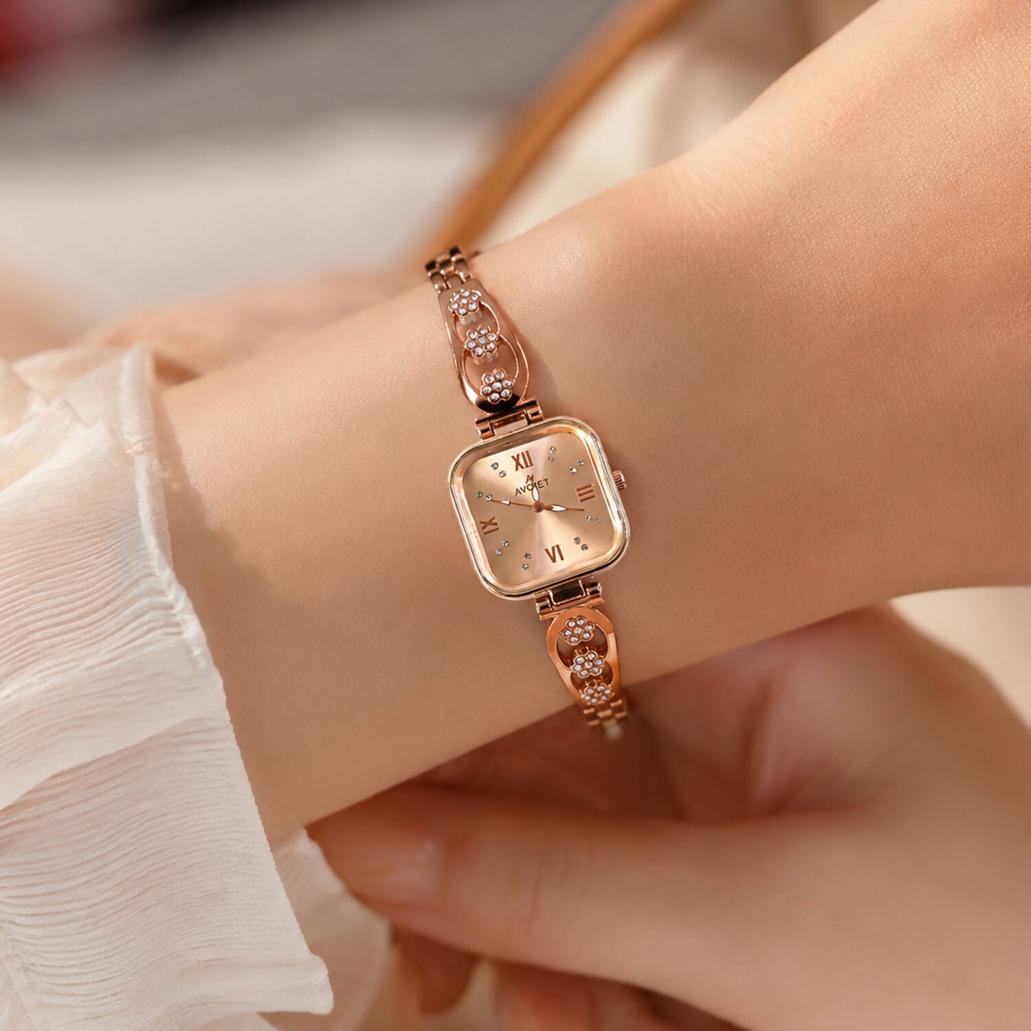 Women's Rose Gold Watch – Square Dial Floral Bracelet