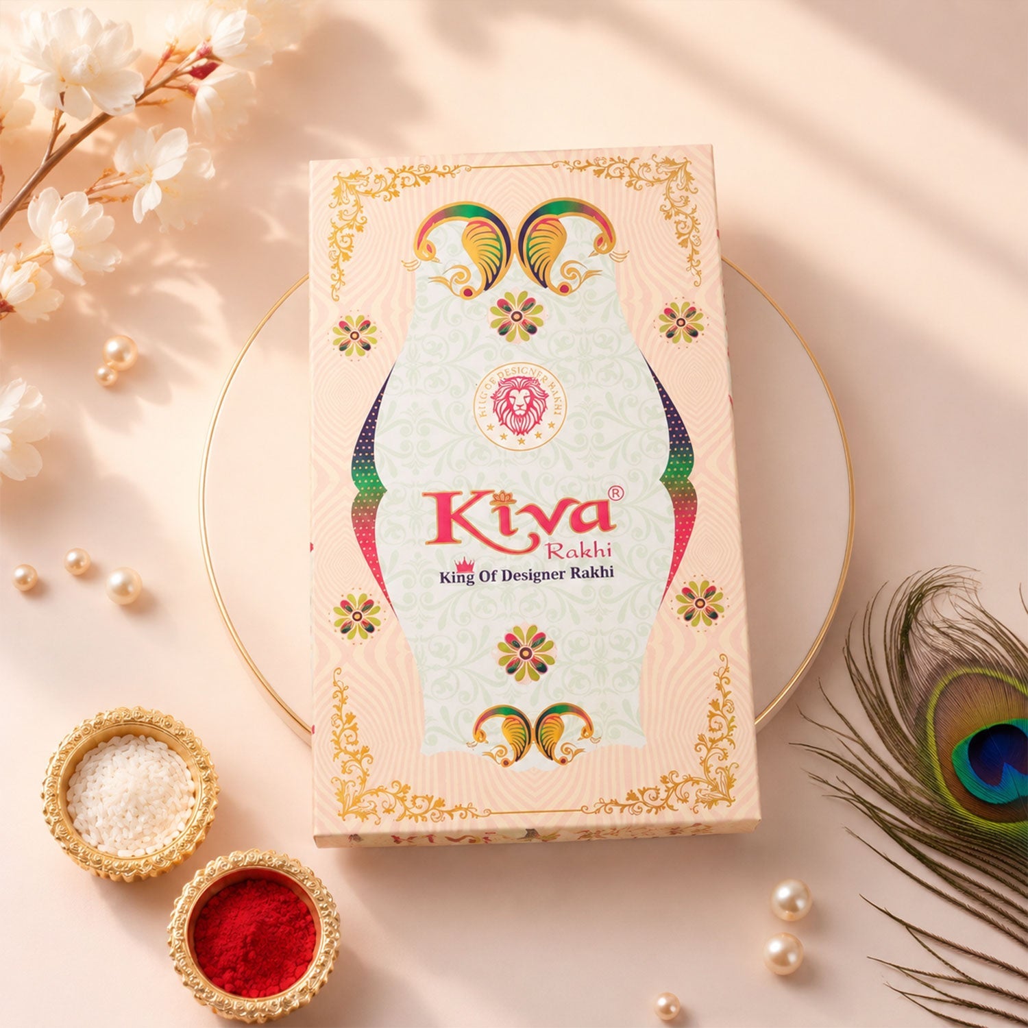 ALVENZA Silver Oval Floral Stone Rakhi with Color Petal Centre, Roli Chawal Coin and Card Packing