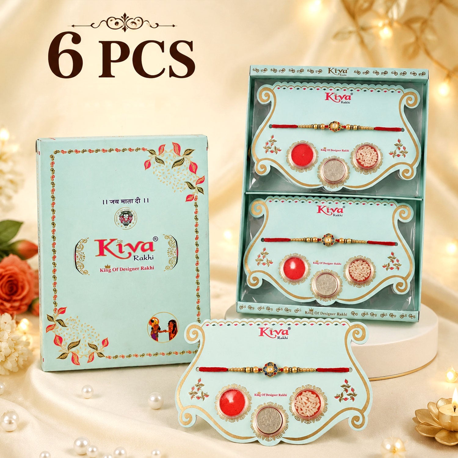 ALVENZA Blue Enamel Mandala Rakhi with Golden Star Detail, Roli Chawal Coin and Gift Box Packing