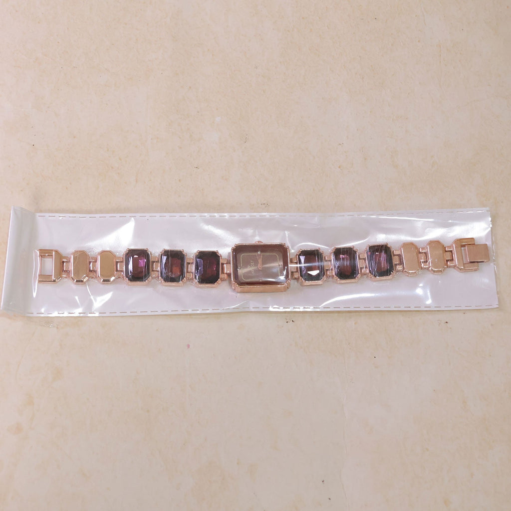 Rose Gold Square Shape Dial Watch with Black Red Stone Strap Design for Women