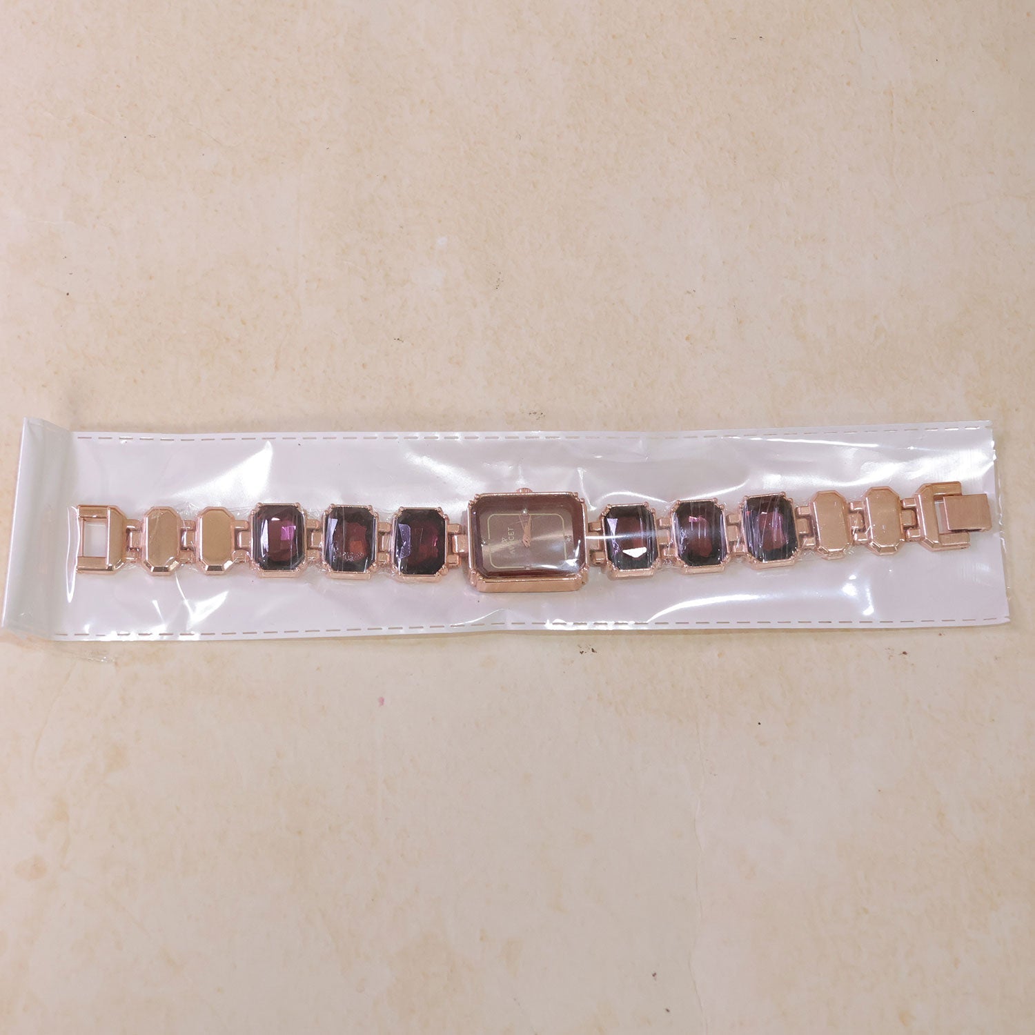 Rose Gold Square Shape Dial Watch with Black Red Stone Strap Design for Women