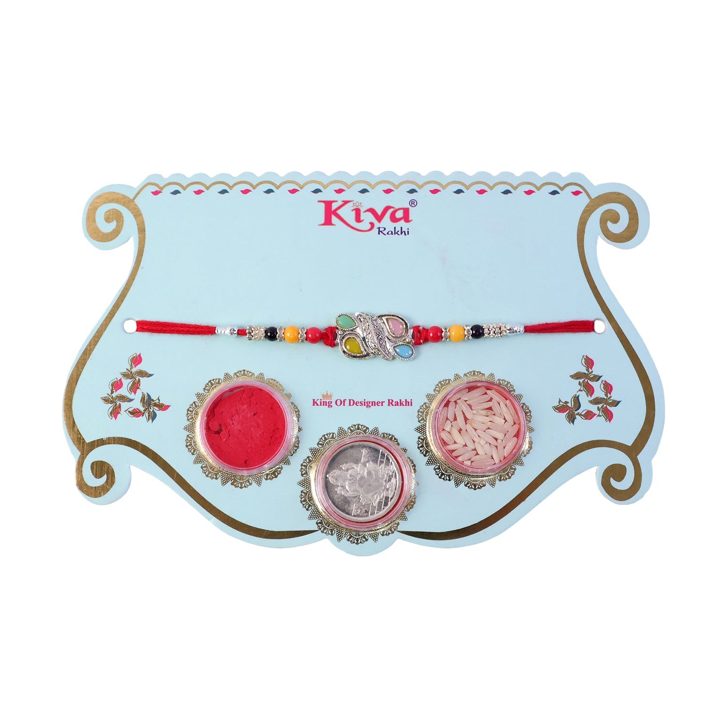 ALVENZA Silver Butterfly Leaf Rakhi with Pastel Stones, Roli Chawal Coin and Card Packing