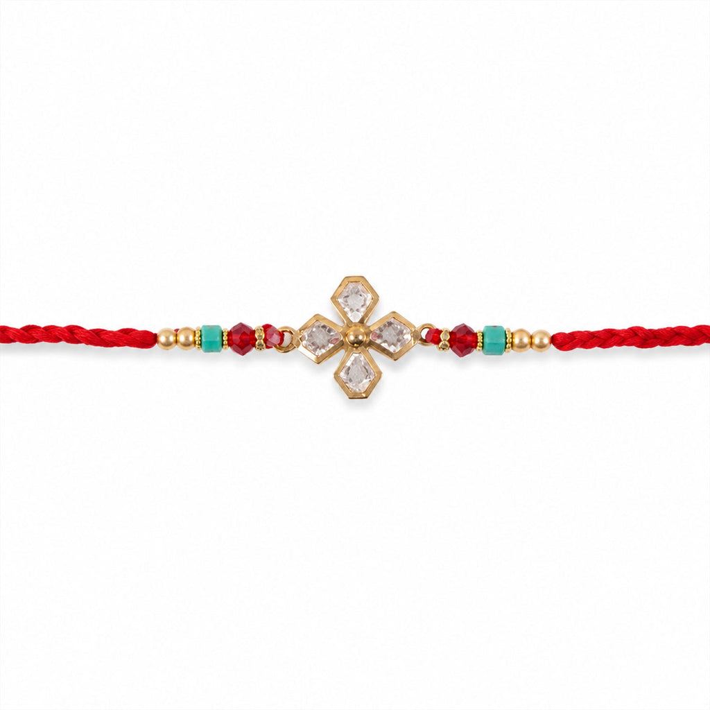 ALVENZA Diamond Crystal Flower Rakhi with Gold Bezels, Turquoise, Red & Golden Beads