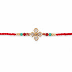 ALVENZA Diamond Crystal Flower Rakhi with Gold Bezels, Turquoise, Red & Golden Beads